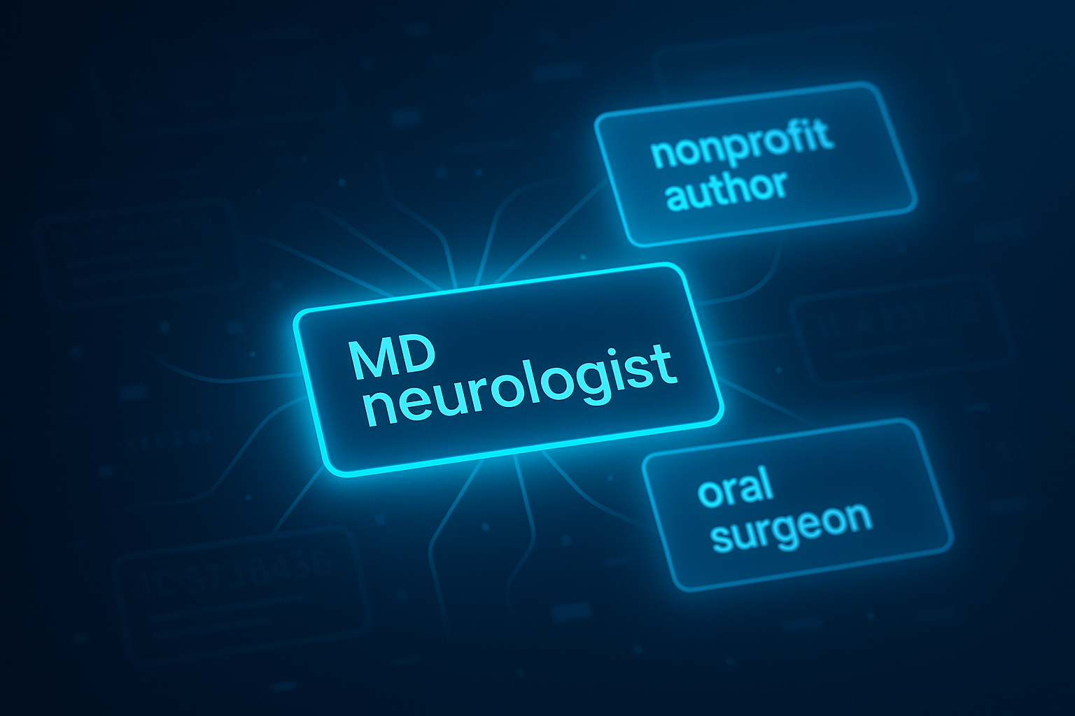 Modern tech-inspired scene with floating, labeled professional nameplates connected by glowing neural lines.