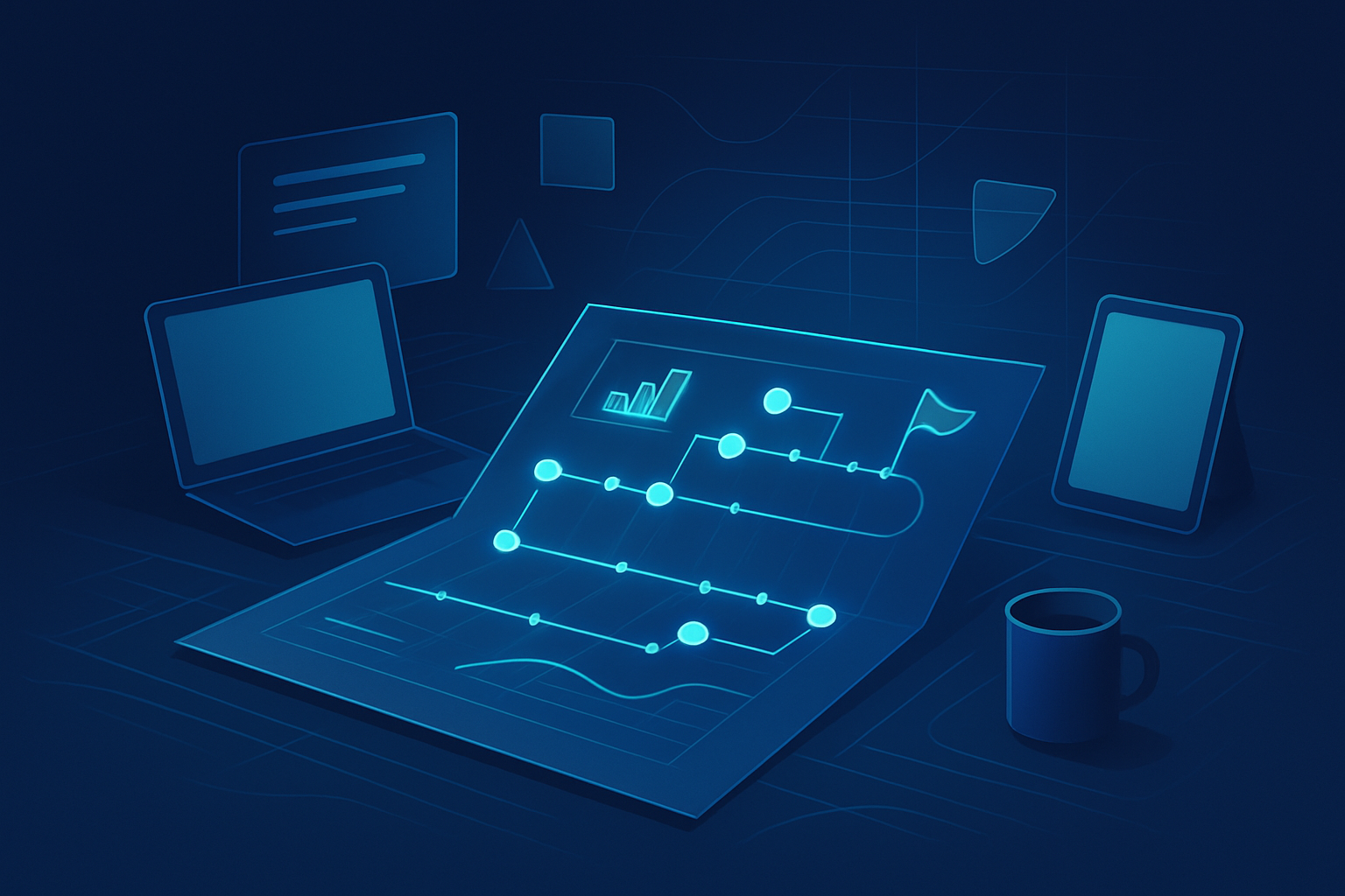 Modern tech workspace with blueprint, glowing nodes, geometric shapes, digital grids, and forward motion.