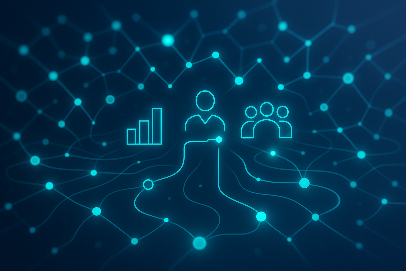 Neon cyan interconnected nodes and geometric pillars symbolize alumni pathways and community growth.
