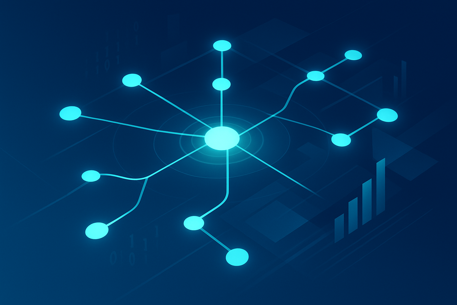 Sleek abstract network with glowing cyan nodes and flowing lines against a dark gradient background.