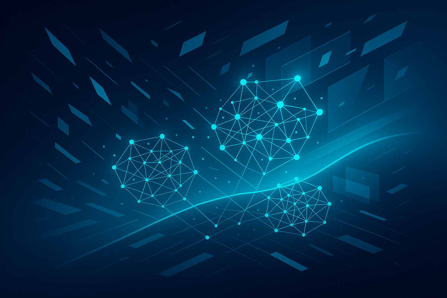 Sleek digital data streams, glowing nodes, and barriers against a dark, neon-lit tech background.