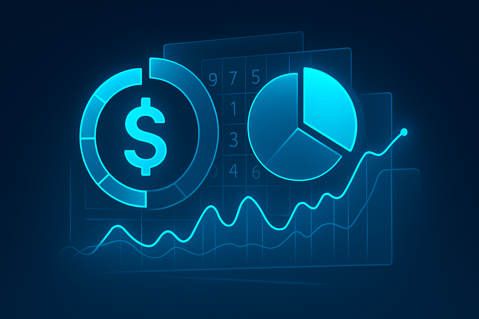 Sleek digital illustration of geometric shapes, graphs, and numeric grids on dark blue background with cyan highlights.