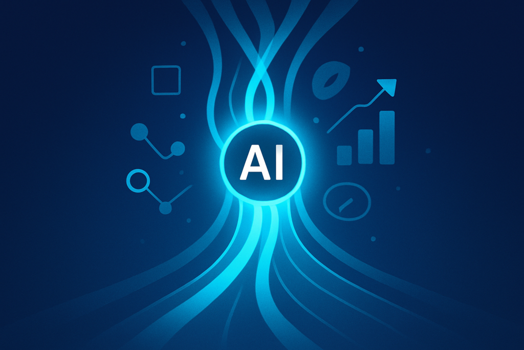 Sleek digital illustration of glowing data streams converging into an AI core with geometric connectivity shapes.