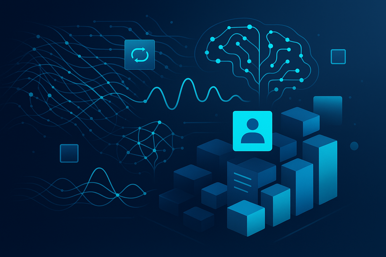 Sleek digital illustration of interconnected data streams, neural patterns, and modular communication blocks.