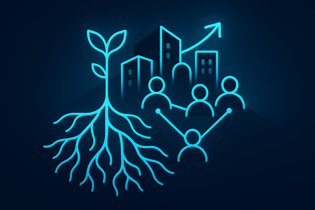 Sleek digital illustration of interconnected glowing roots, buildings, and human figures in neon blue hues.