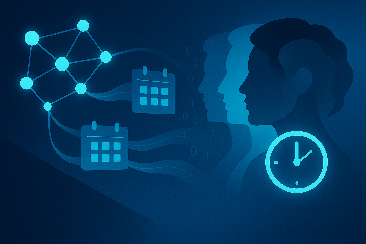 Sleek digital illustration of interconnected nodes, glowing clocks, and diverse faces on dark blue background.