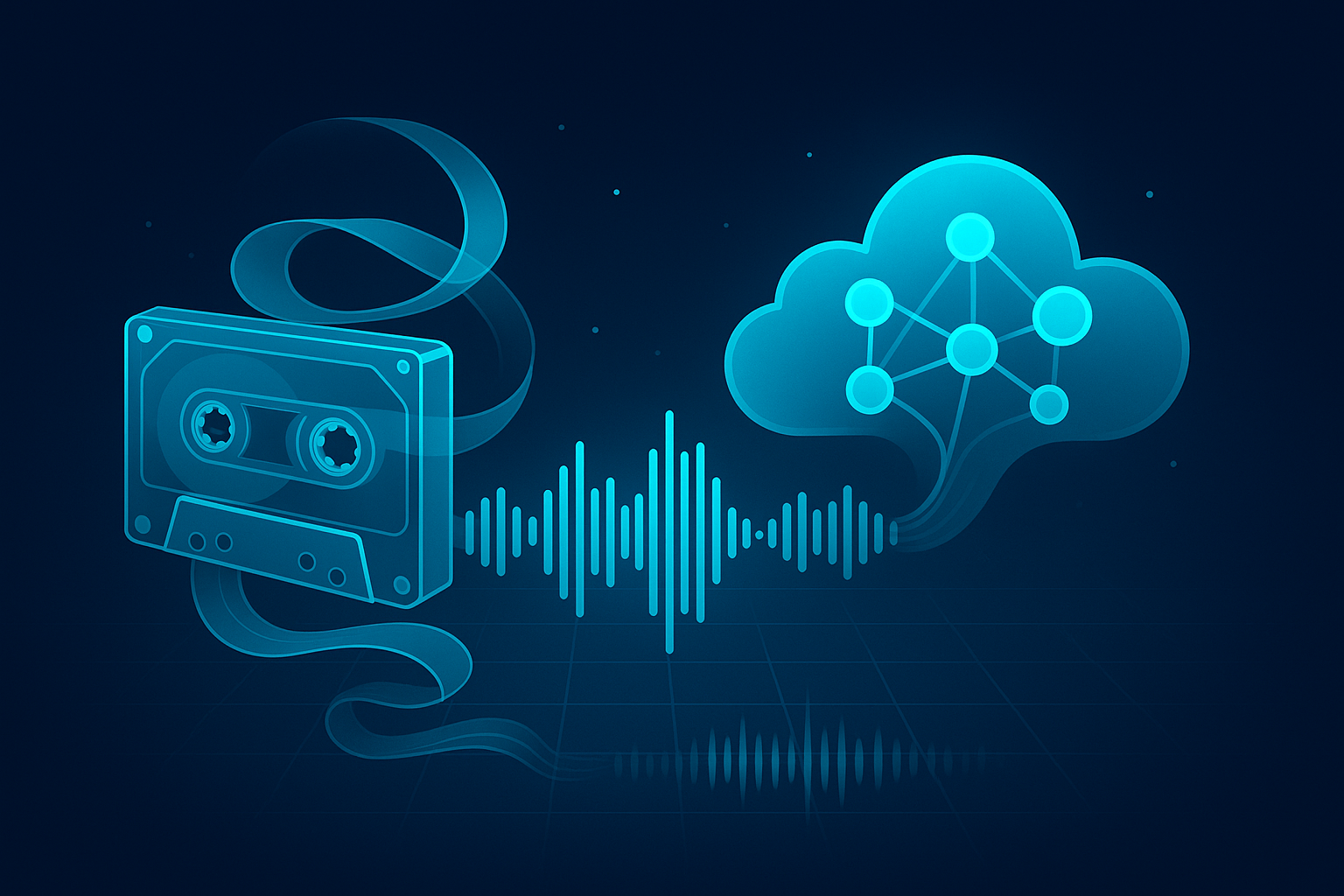 Sleek digital illustration of layered tapes transforming into waveform and AI neural cloud.