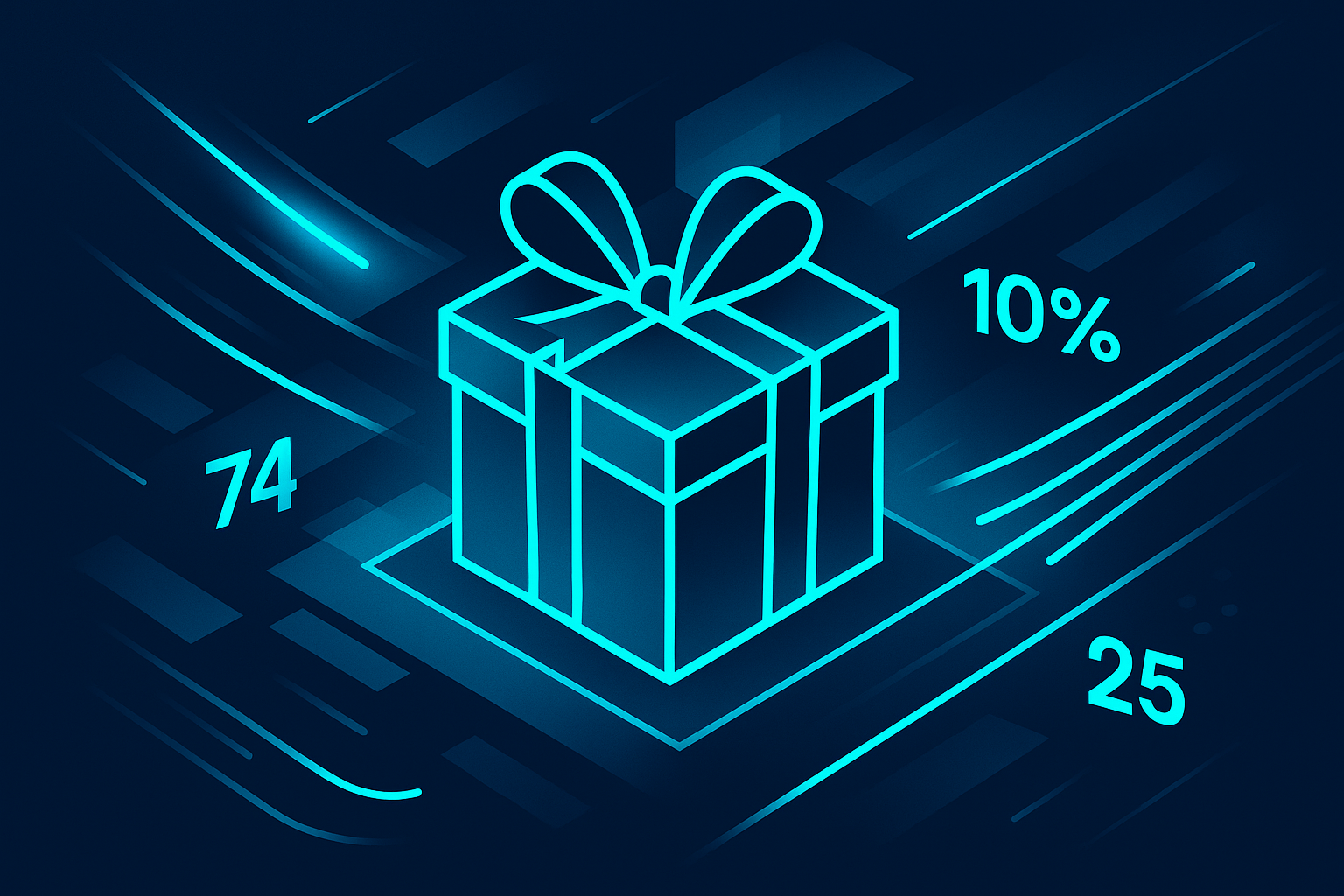 Sleek digital illustration with glowing lines, geometric shapes, and numeric glyphs on dark blue background.