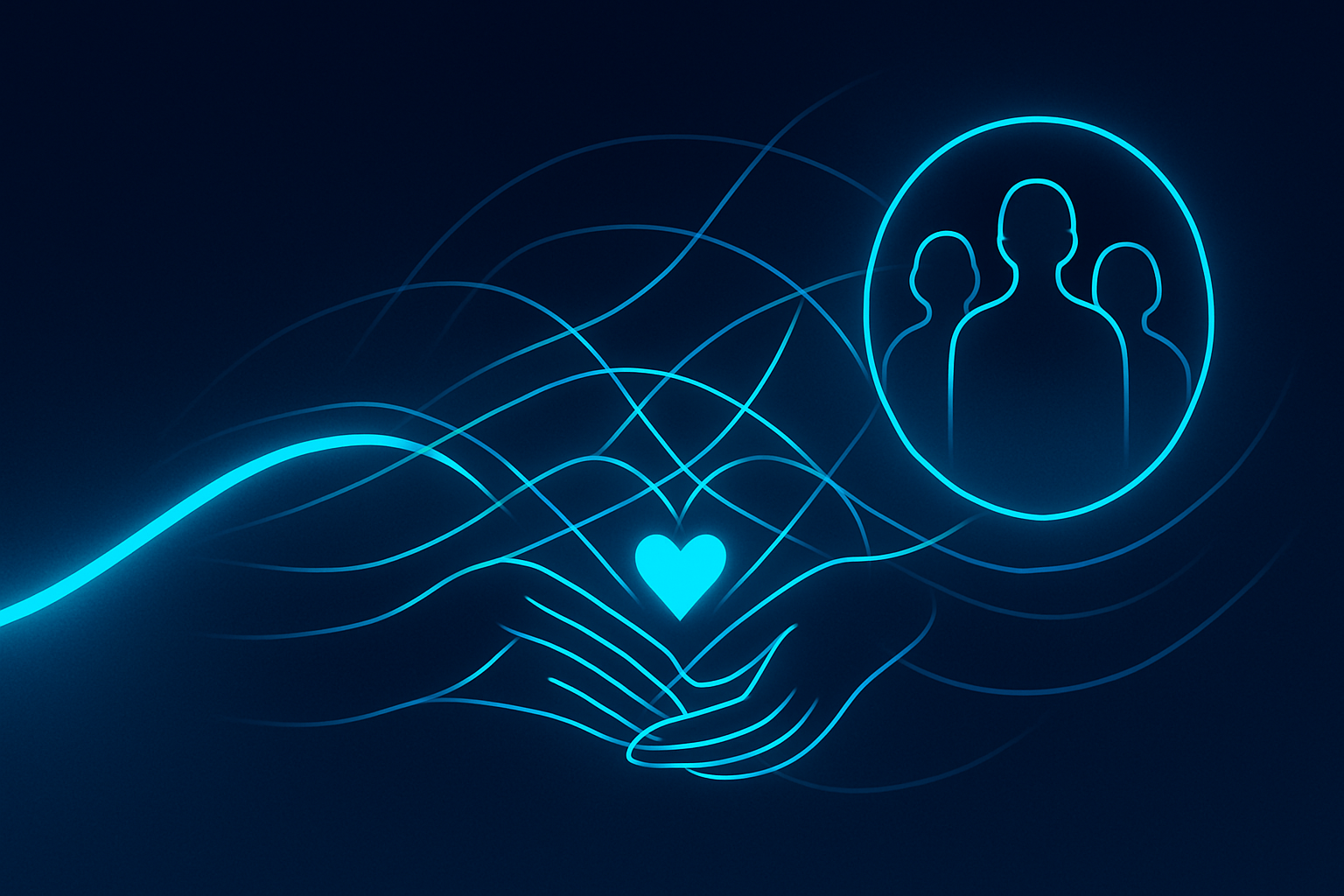Sleek digital illustration with interconnected hands, hearts, and glowing pulses on dark blue background.