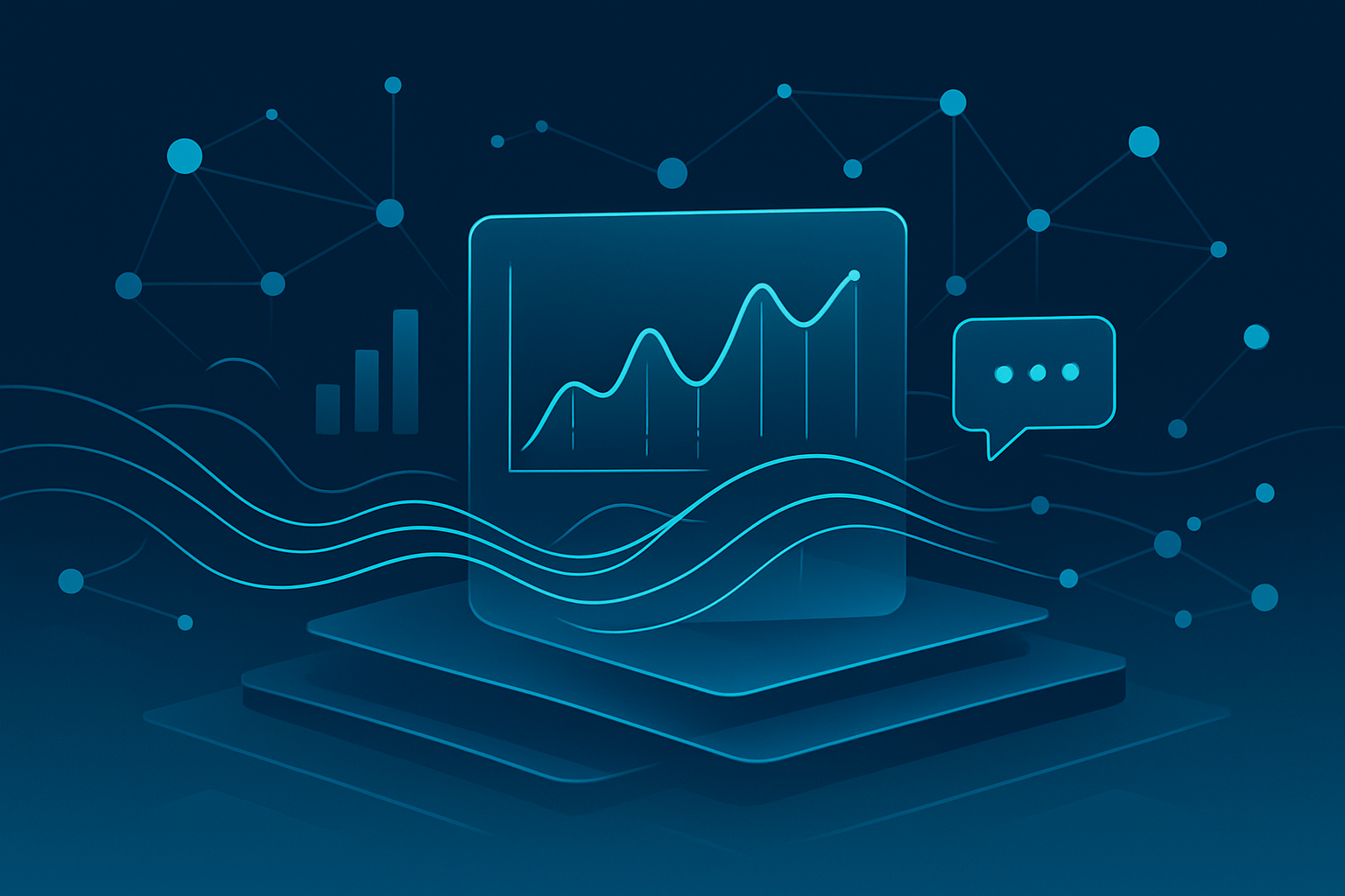 Sleek digital landscape with interconnected data streams, holographic charts, and flowing analytics lines.