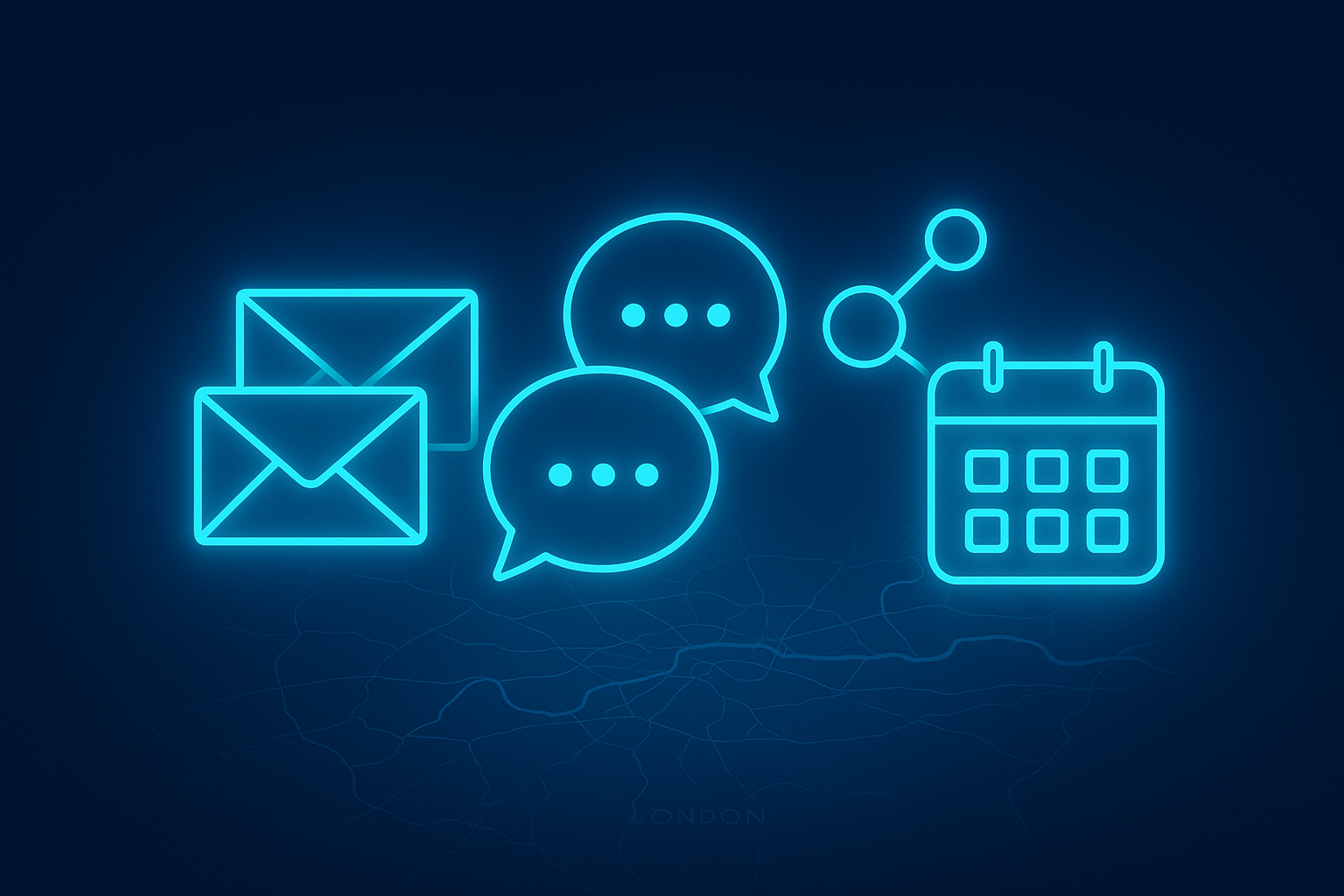 Sleek digital network symbols over London map with neon glow in dark blue and cyan tones.