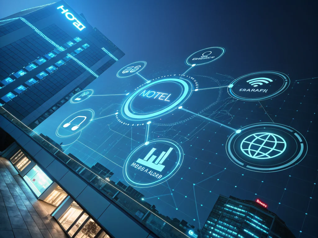 Sleek flat illustration of interconnected glowing nodes and geometric shapes over a dark tech background.