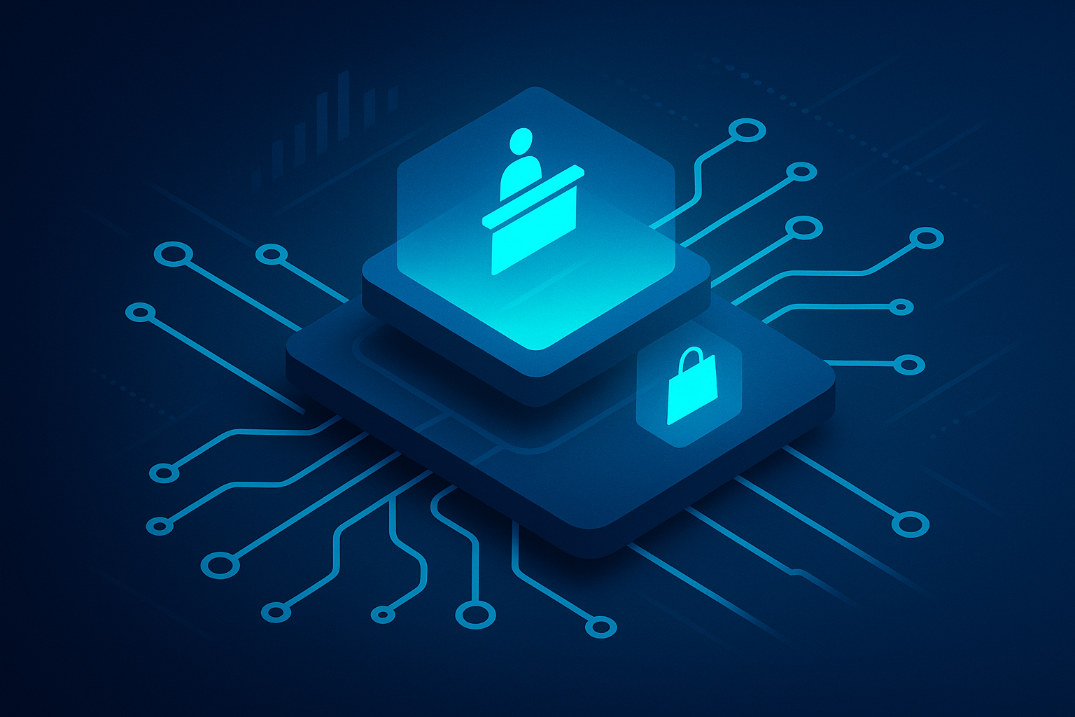 Sleek geometric shapes with neon cyan accents representing phased digital rollout and data flows.