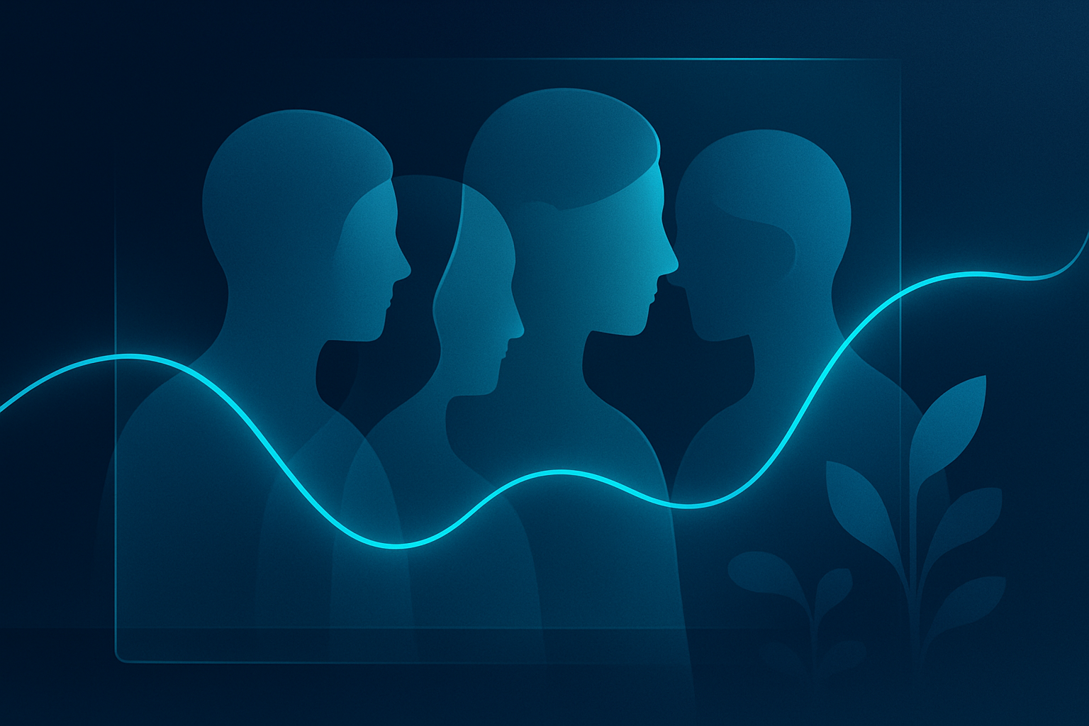 Sleek illustration of cyan thread weaving through translucent human silhouettes on dark, reflective background.