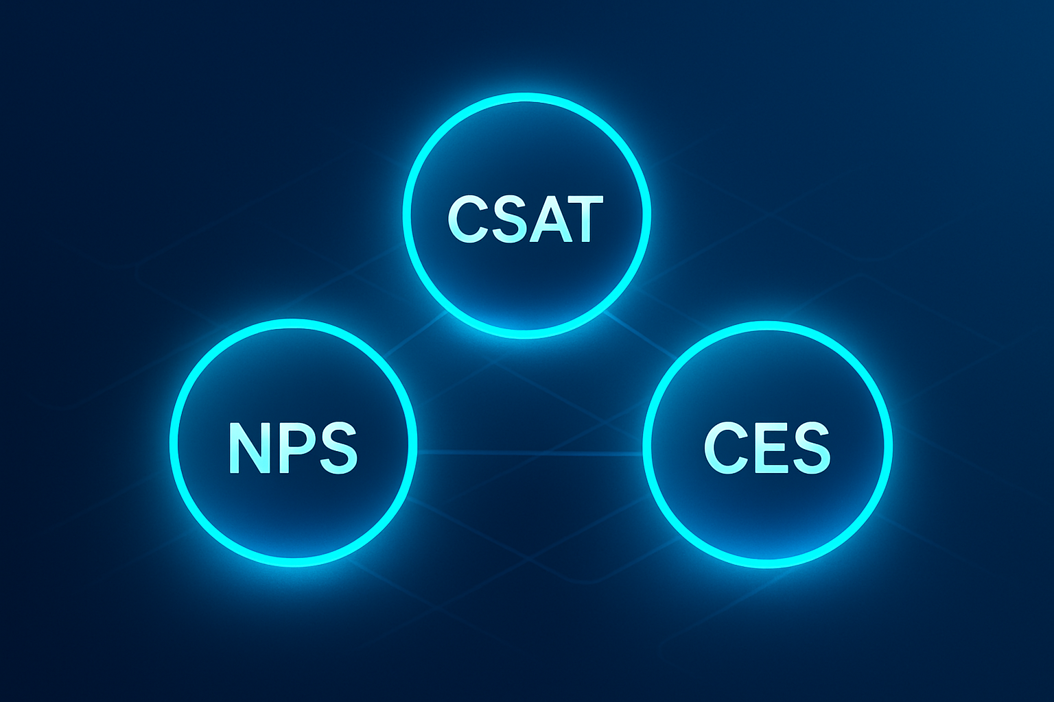Three glowing abstract orbs representing NPS, CSAT, and CES over a dark blue tech background.