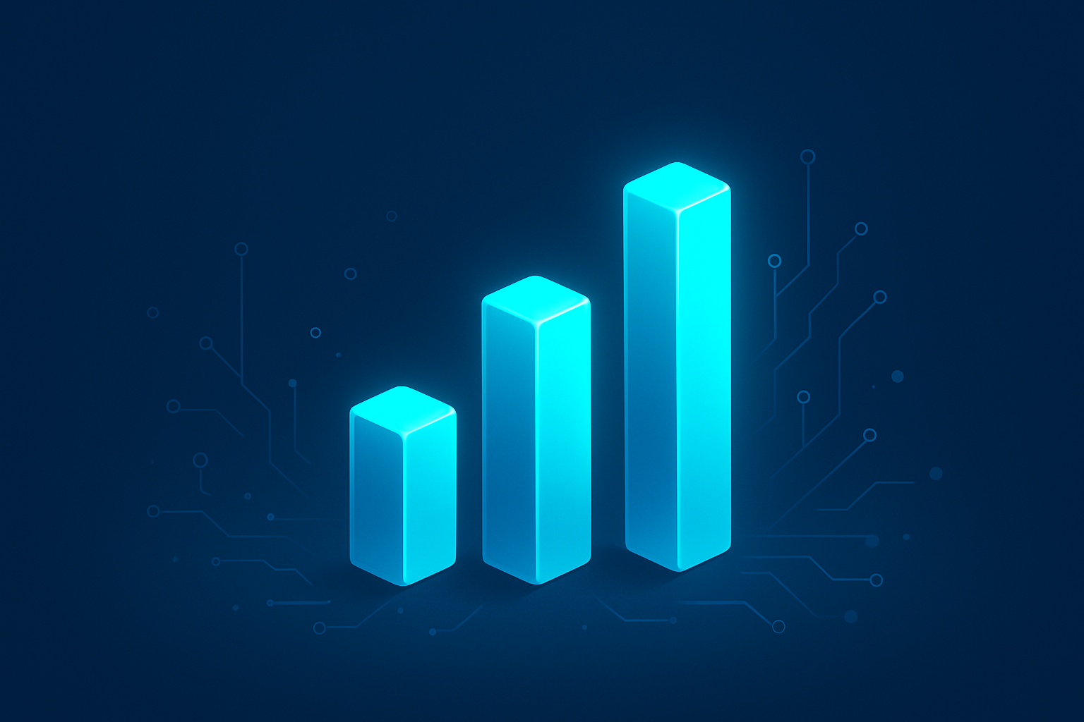 Three glowing cyan pillars representing business growth with digital circuits on a dark blue gradient background.