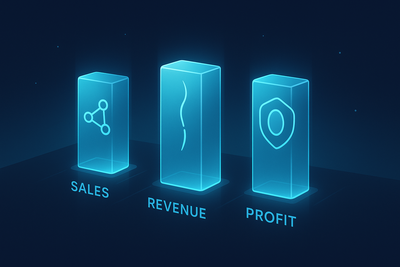 Three glowing, translucent pillars labeled Sales, Revenue, and Profit on a reflective dark surface with neon blue and cyan highlights.