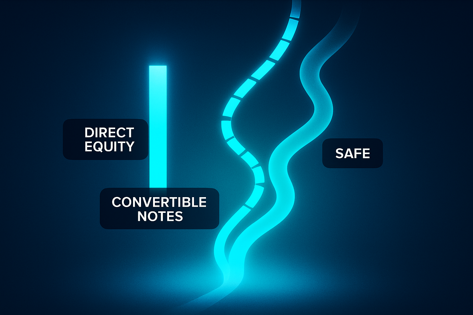 Three intertwining beams of light representing direct equity, convertible notes, and SAFE agreements against a dark blue gradient background with neon cyan highlights.