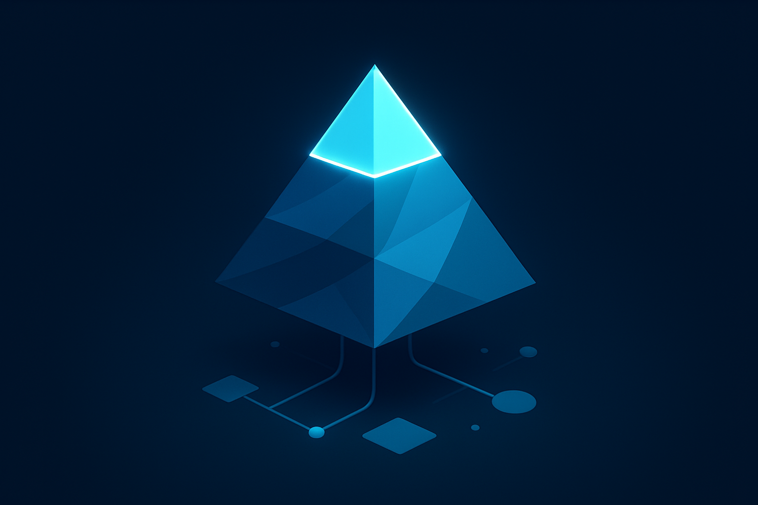 Translucent blue pyramid with cyan highlights, glowing neon accents, connected nodes, on dark gradient background.