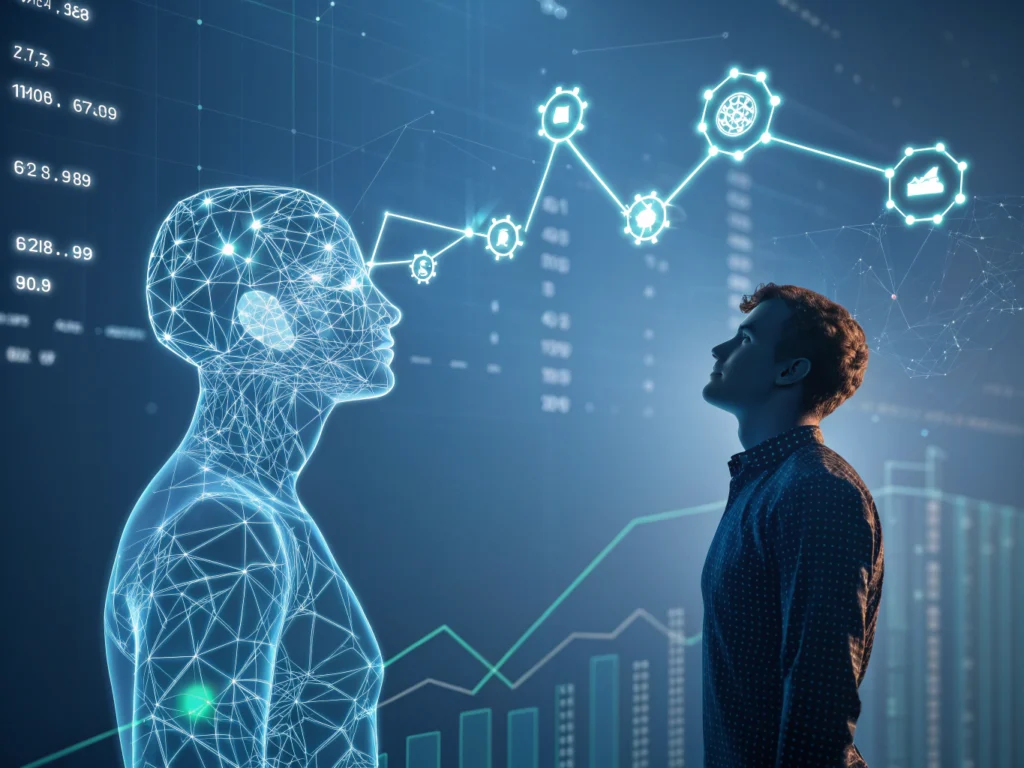 Translucent human silhouette and AI bot face each other over holographic data grid with neon data flows.