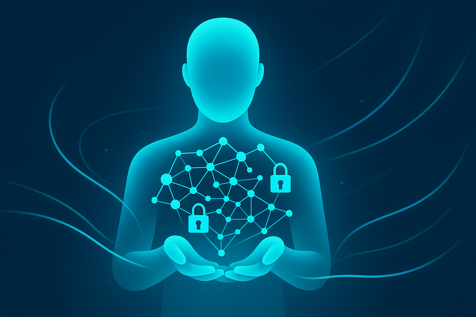 Translucent human silhouette cradling glowing data nodes and locks in a tech-inspired scene.