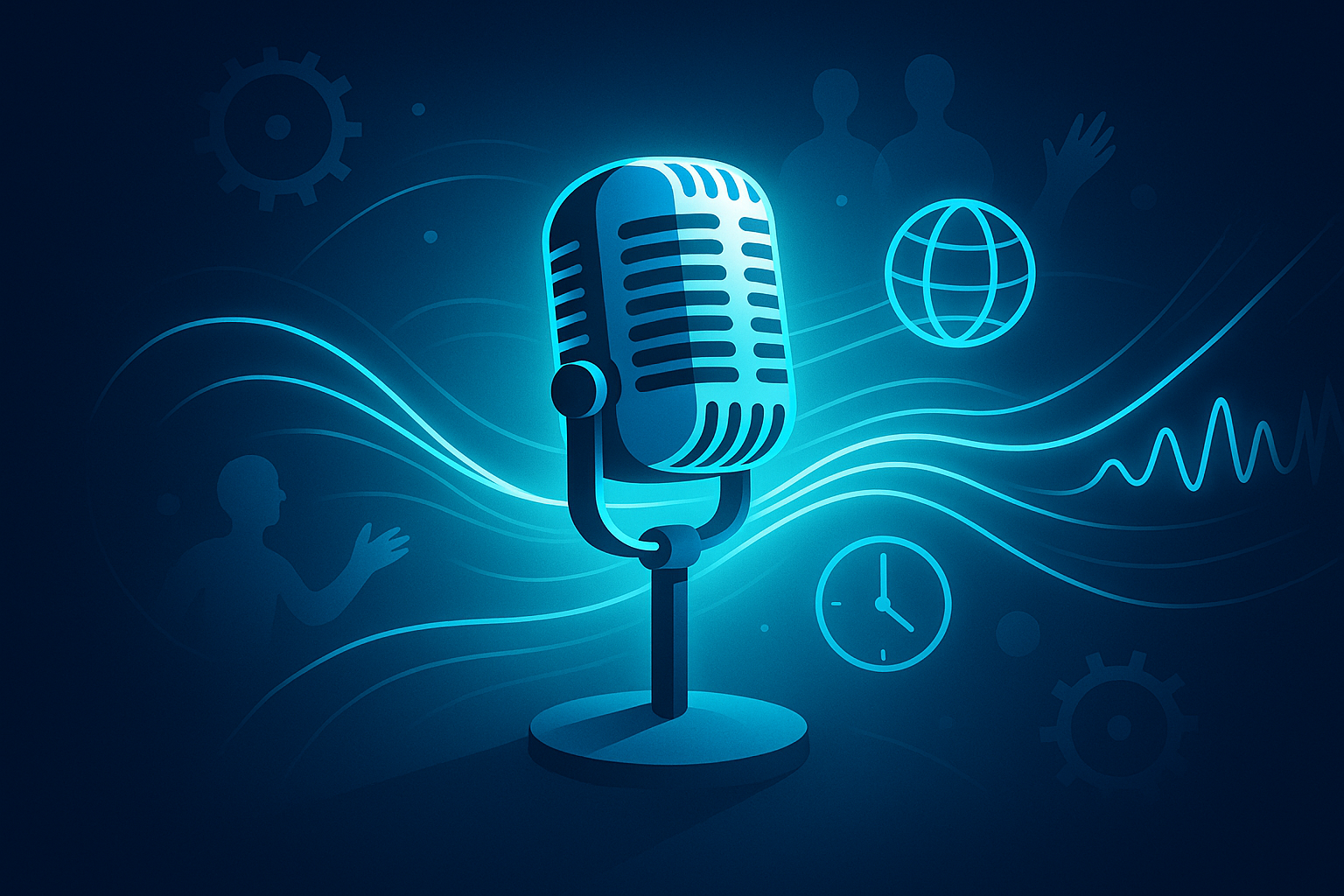 Vintage microphone with glowing light threads, clock gears, and silhouettes symbolizing global telethon unity.