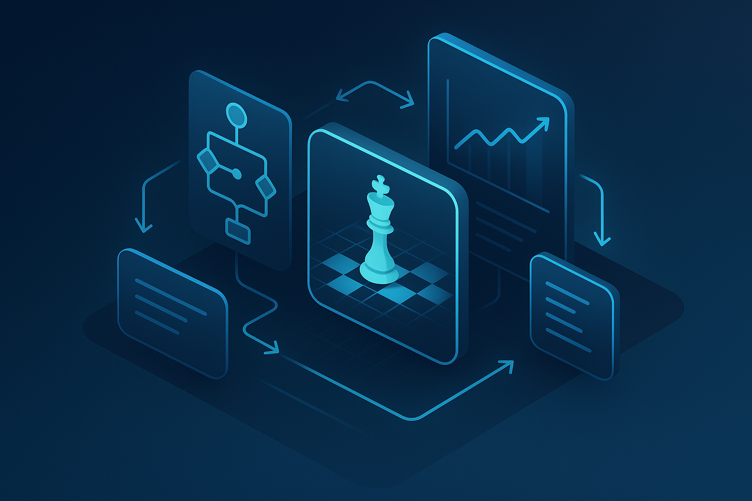 Abstract command center with glowing geometric shapes, digital grid, and chessboard on dark gradient background.