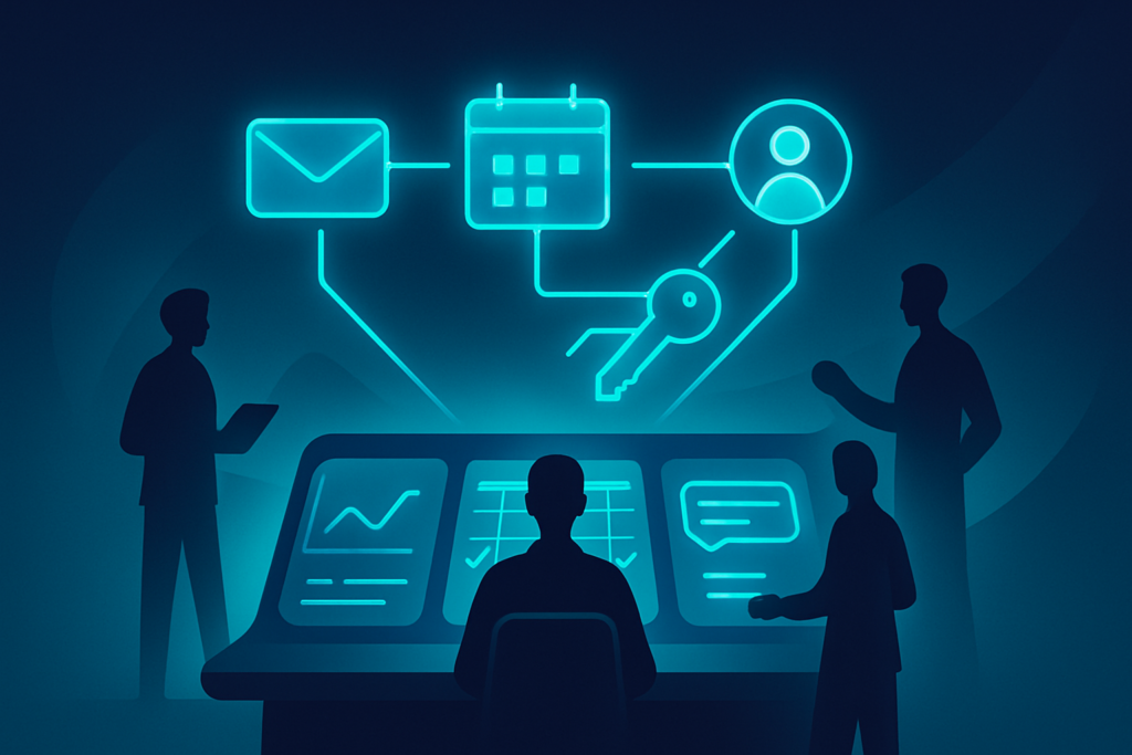 Abstract control room with glowing geometric shapes and digital schedules in cool blue tones.