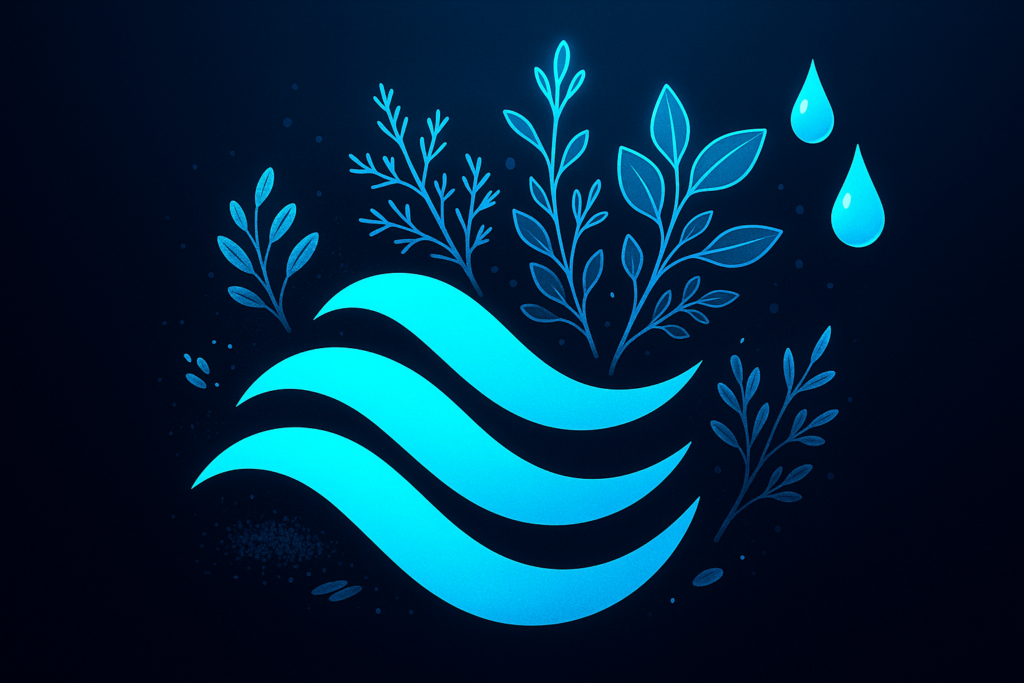 Abstract cyan waves, herbs, grains, and droplets on dark gradient background with cyan highlights.