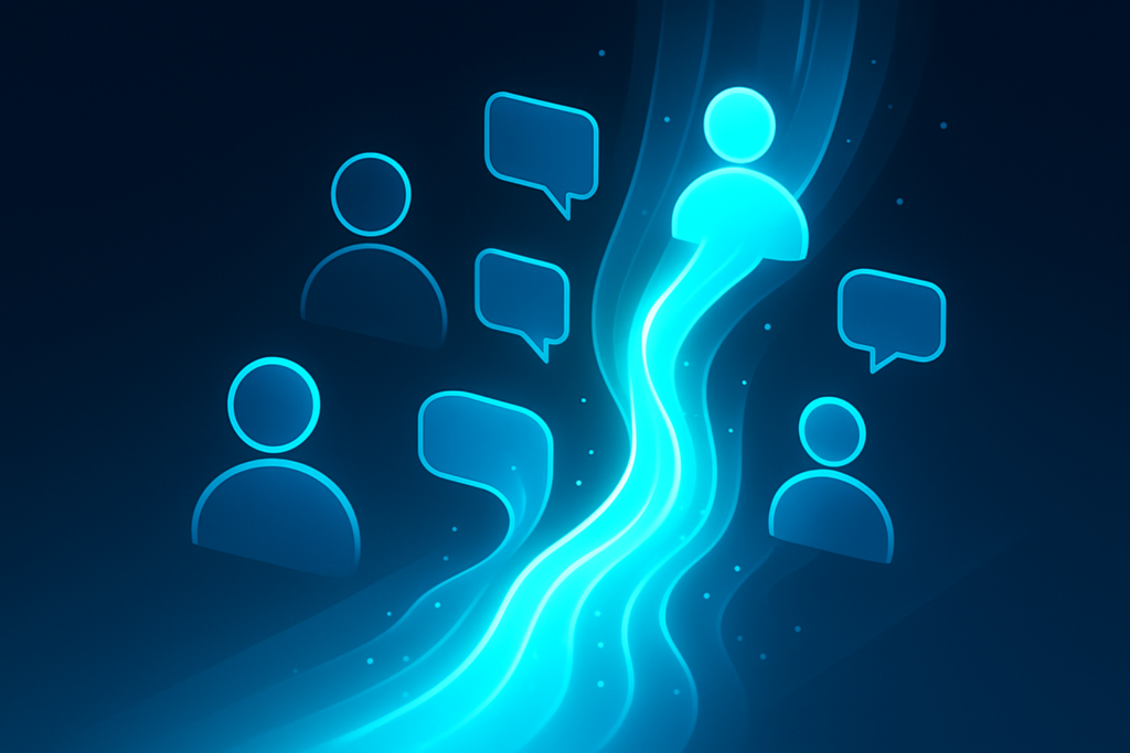 Abstract data streams and minimalist guest icons with neon highlights on dark gradient background.
