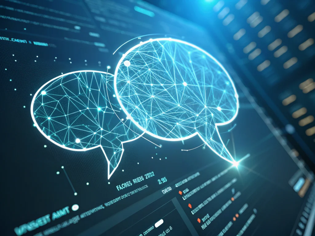 Abstract digital conversation with glowing neural pathways, speech bubbles, and data nodes in a futuristic environment.