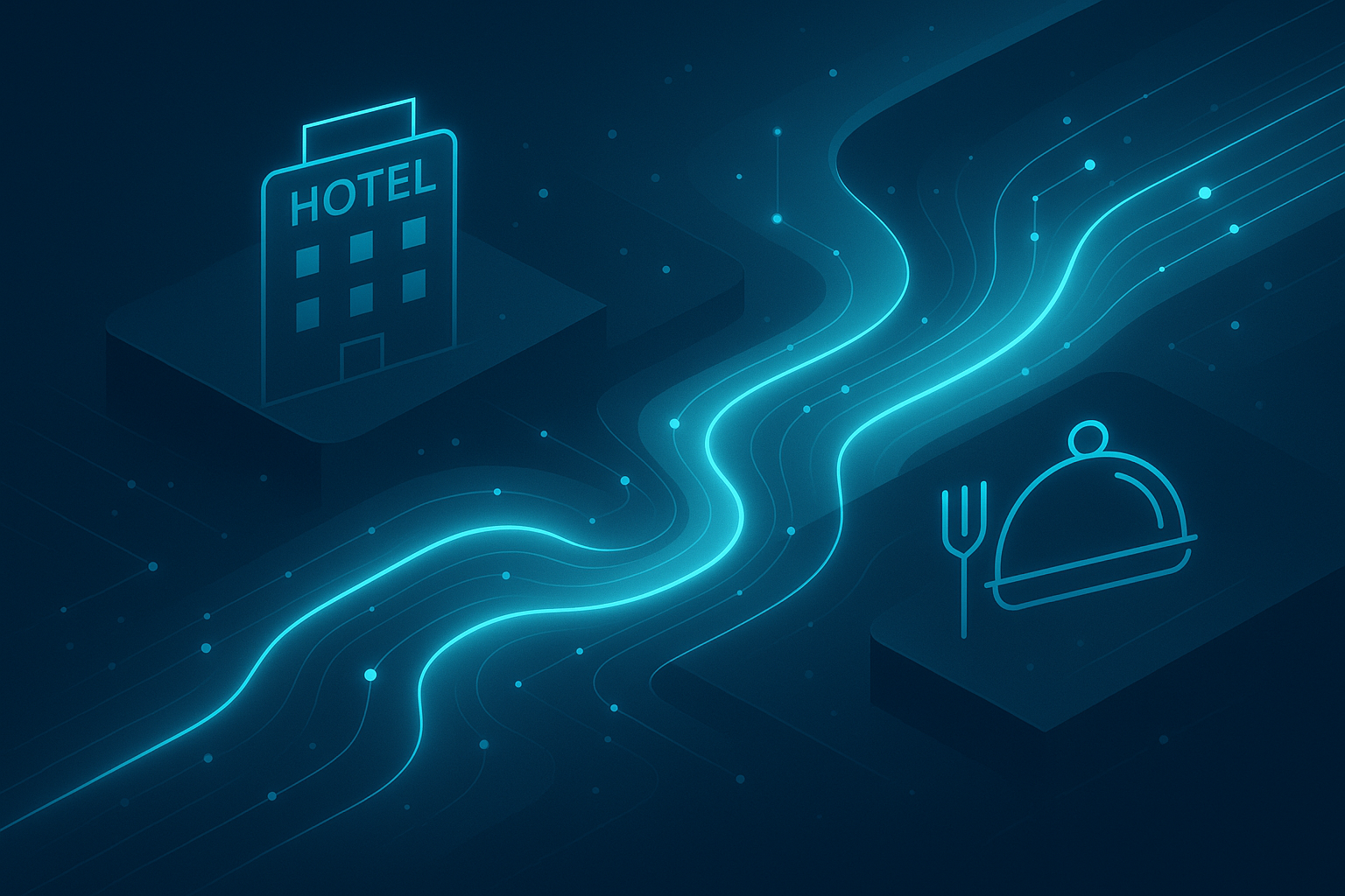 Abstract digital data streams connect hotel and restaurant icons on a dark gradient background.