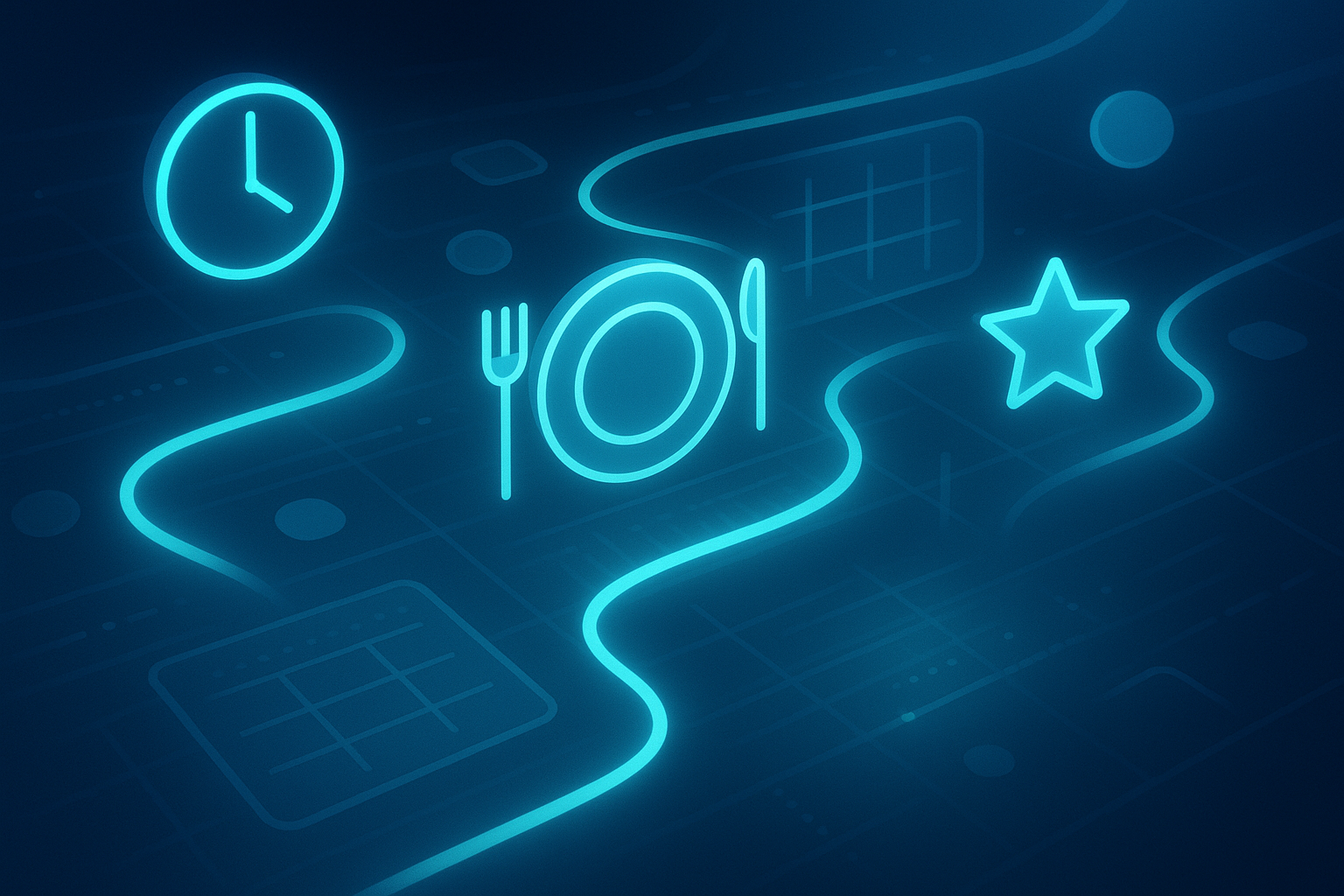 Abstract digital ecosystem with glowing data streams, geometric icons for reservations, dining, and feedback.