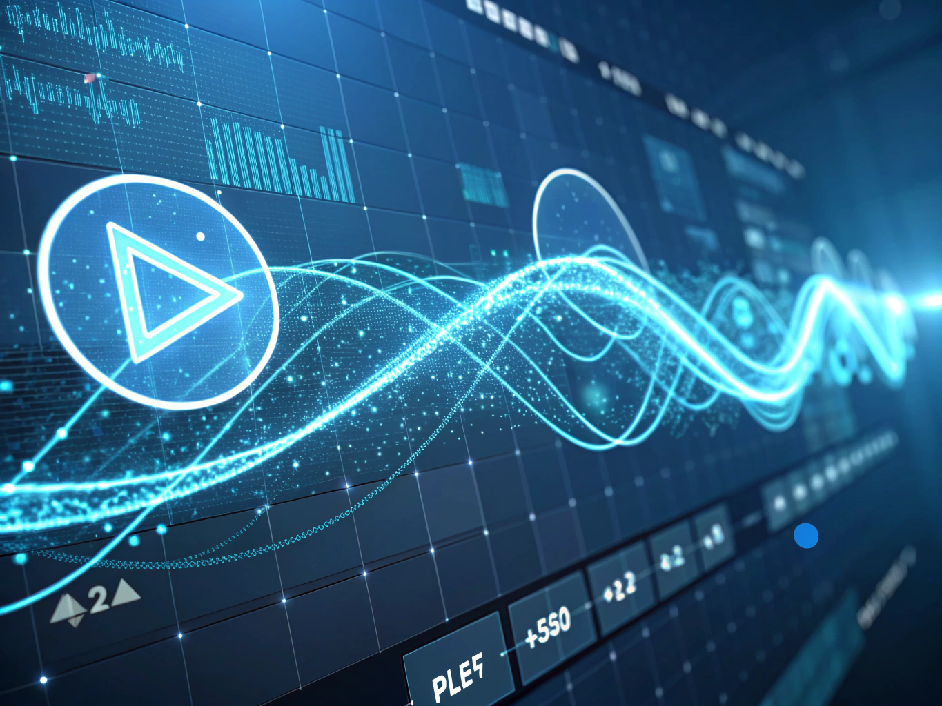 Abstract digital illustration of glowing data streams converging on a cyan video play icon with neon accents.