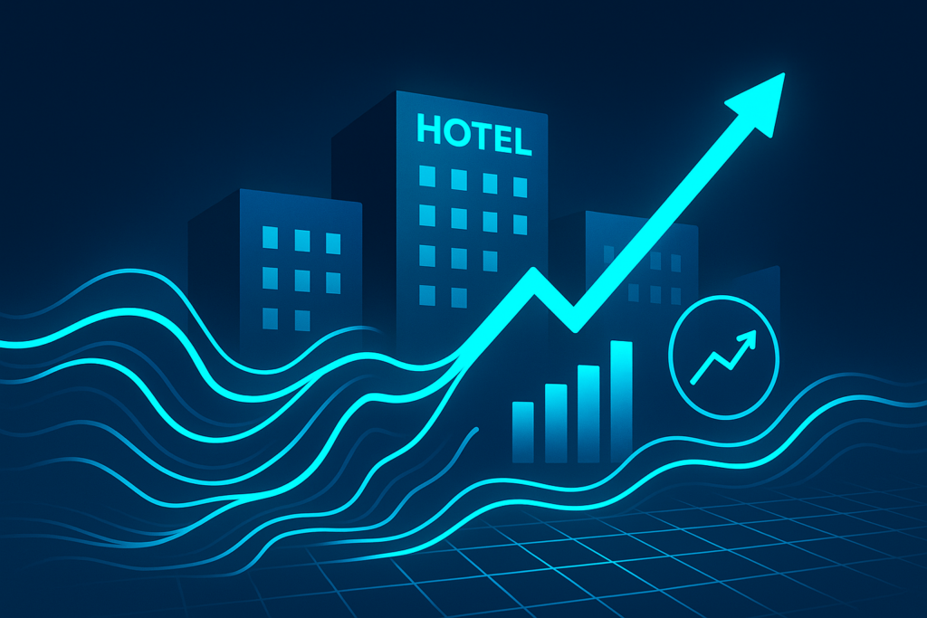 Abstract digital illustration of interconnected data streams, hotel silhouettes, charts, and growth arrows.