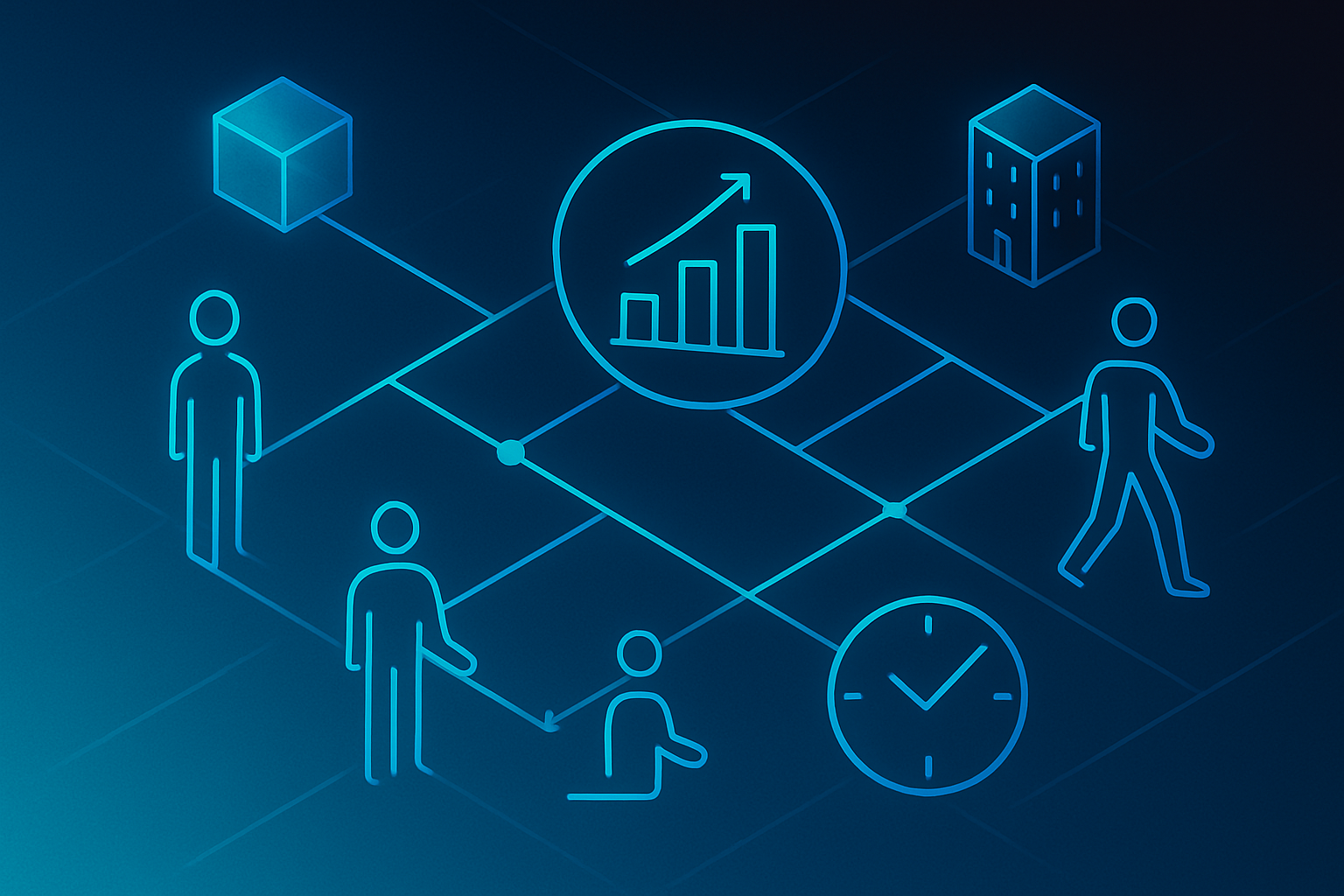 Abstract digital illustration of interconnected geometric shapes, human figures, and floating cubes symbolizing business metrics and resource management.