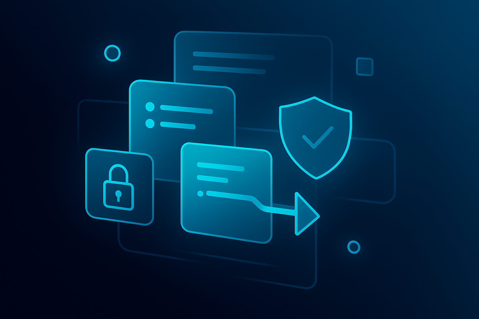Abstract digital illustration of interconnected geometric shapes, glowing neon, representing data flow and security.