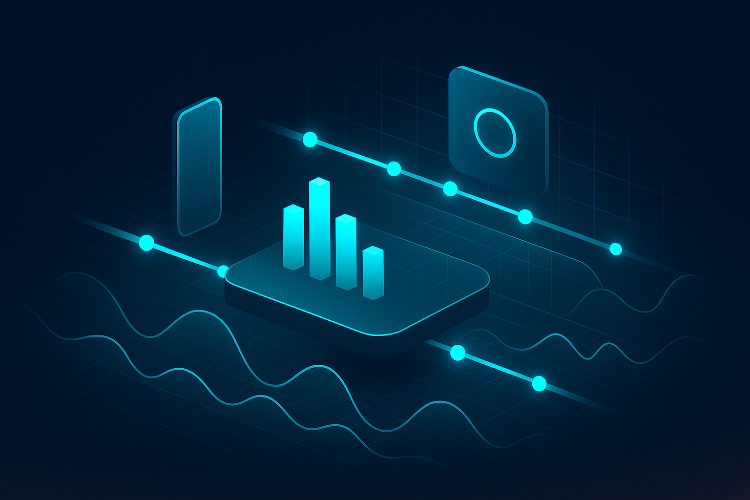 Abstract digital landscape with glowing data streams, geometric shapes, grids, and waveforms in neon blue.
