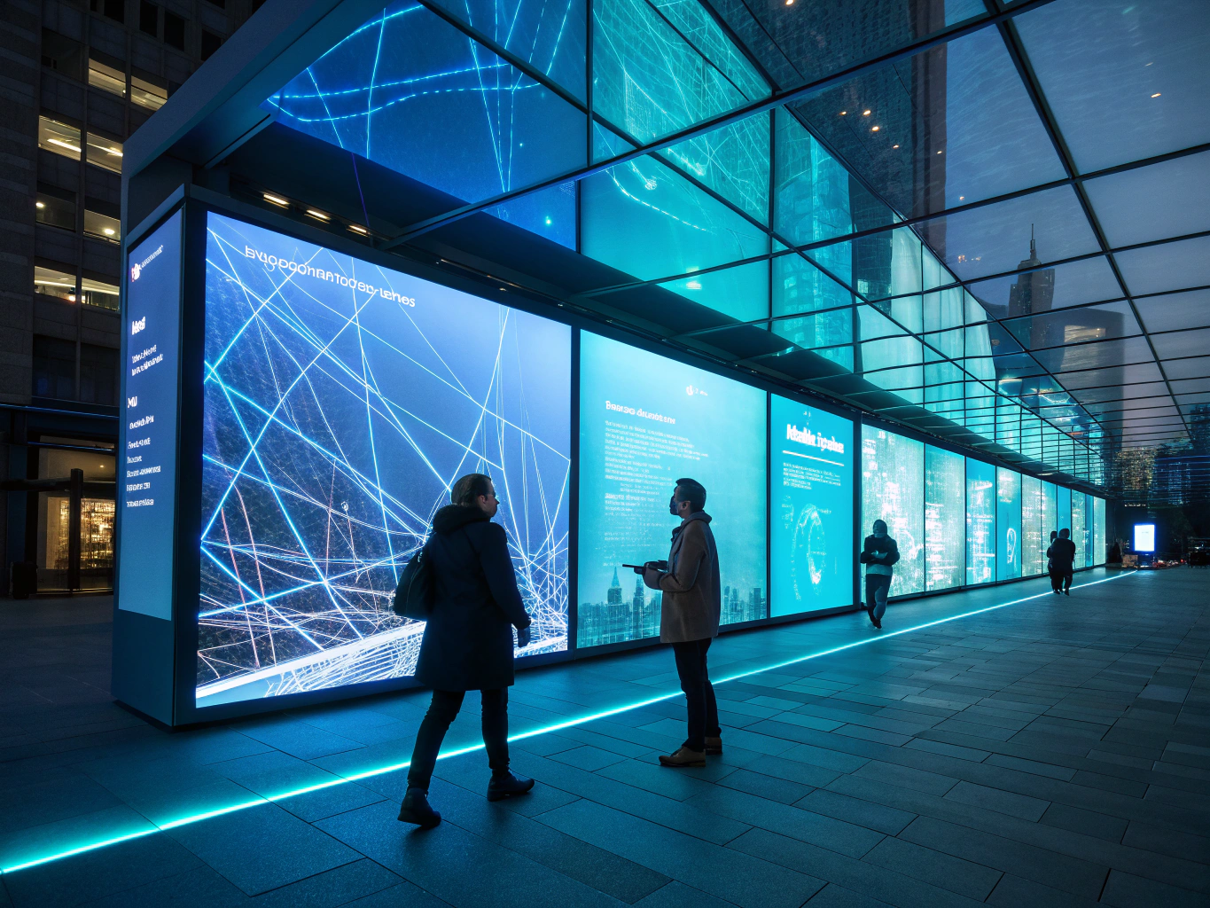 Abstract digital landscape with glowing neon cyan elements, floating panels, and diverse traveler silhouettes.