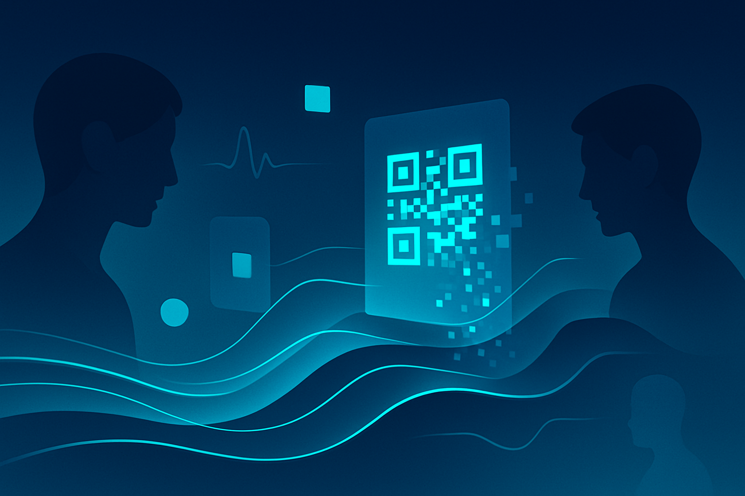 Abstract digital landscape with glowing neon lines, geometric shapes, QR codes, and reflective figures.