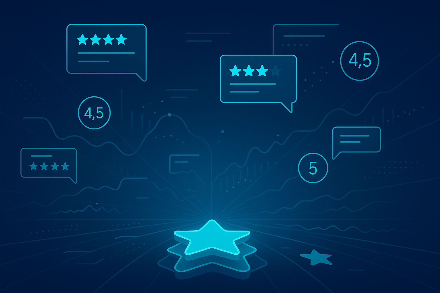 Abstract digital landscape with glowing star icons, review bubbles, and data streams in neon cyan.
