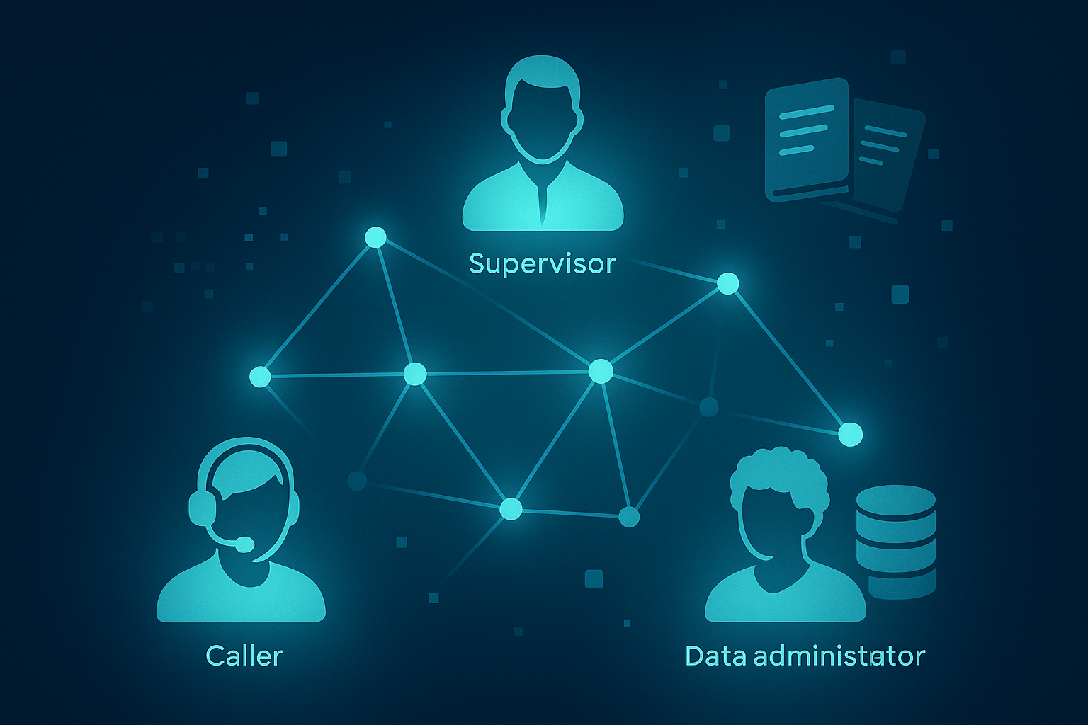 Abstract digital network with diverse silhouetted team roles, data streams, and training layers.