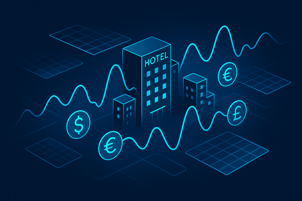 Abstract digital network with floating shapes, hotel silhouettes, and currency symbols in neon blue.