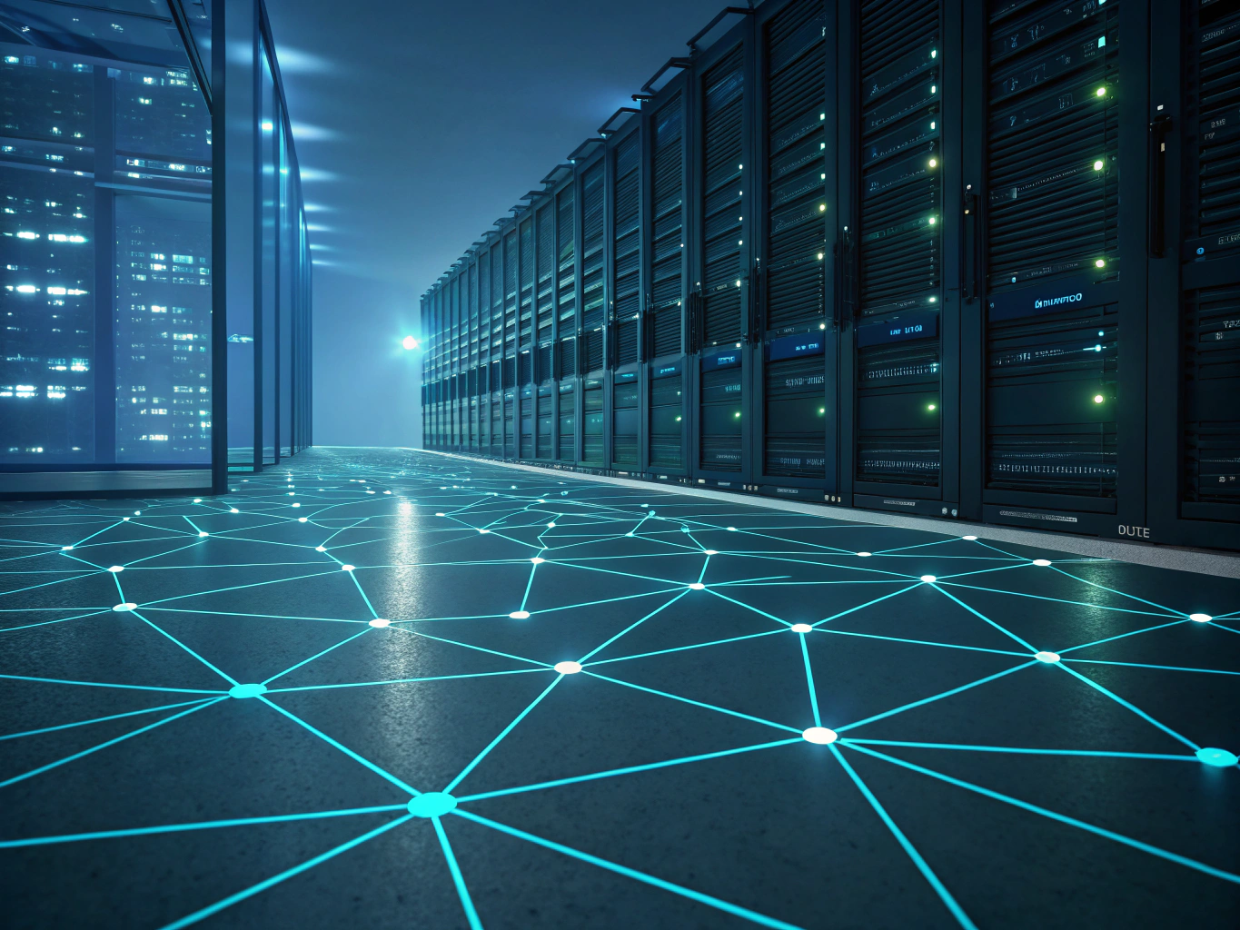 Abstract digital network with glowing cyan lines, geometric shapes, and interconnected nodes.