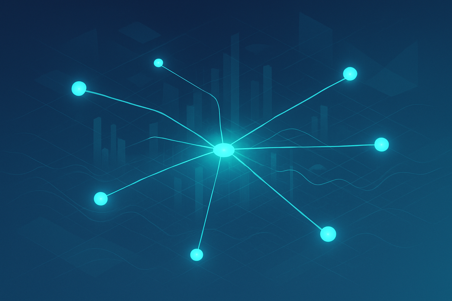 Abstract digital network with glowing cyan nodes, data streams, geometric shapes, and ripple effects.
