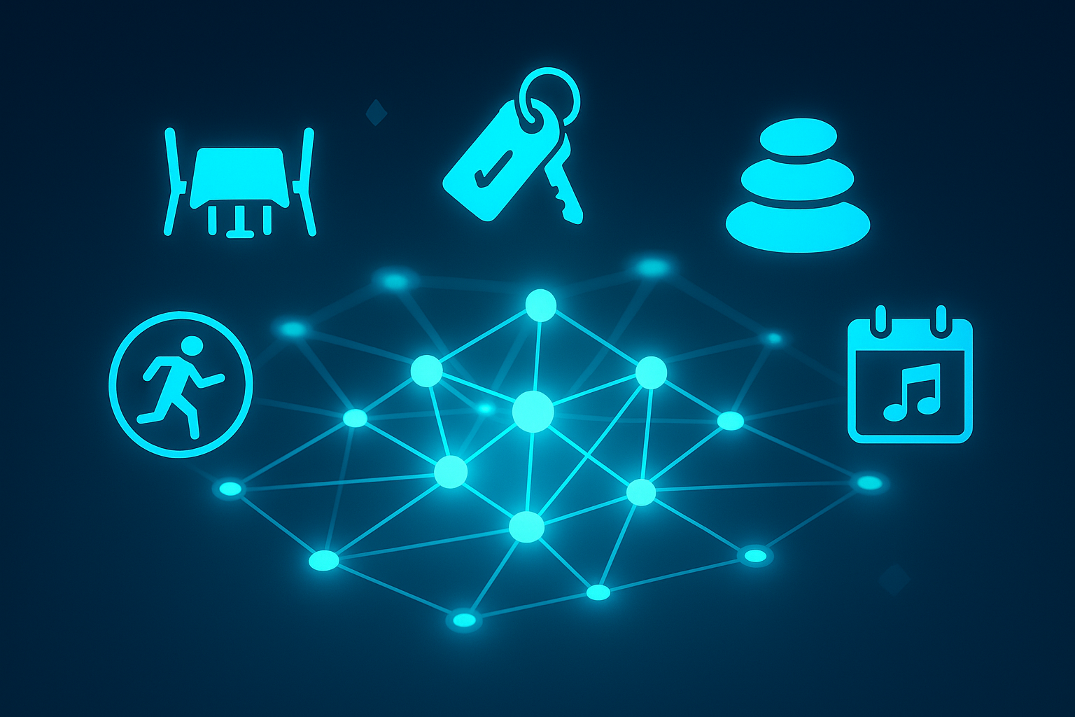 Abstract digital network with glowing cyan nodes, geometric hospitality icons, and luminous matrix backdrop.