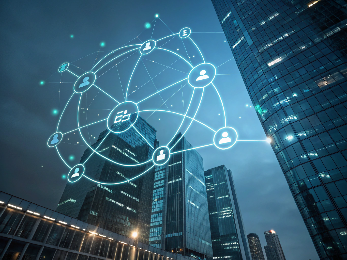Abstract digital network with glowing lines, geometric shapes, and floating nodes in a dark blue gradient background.