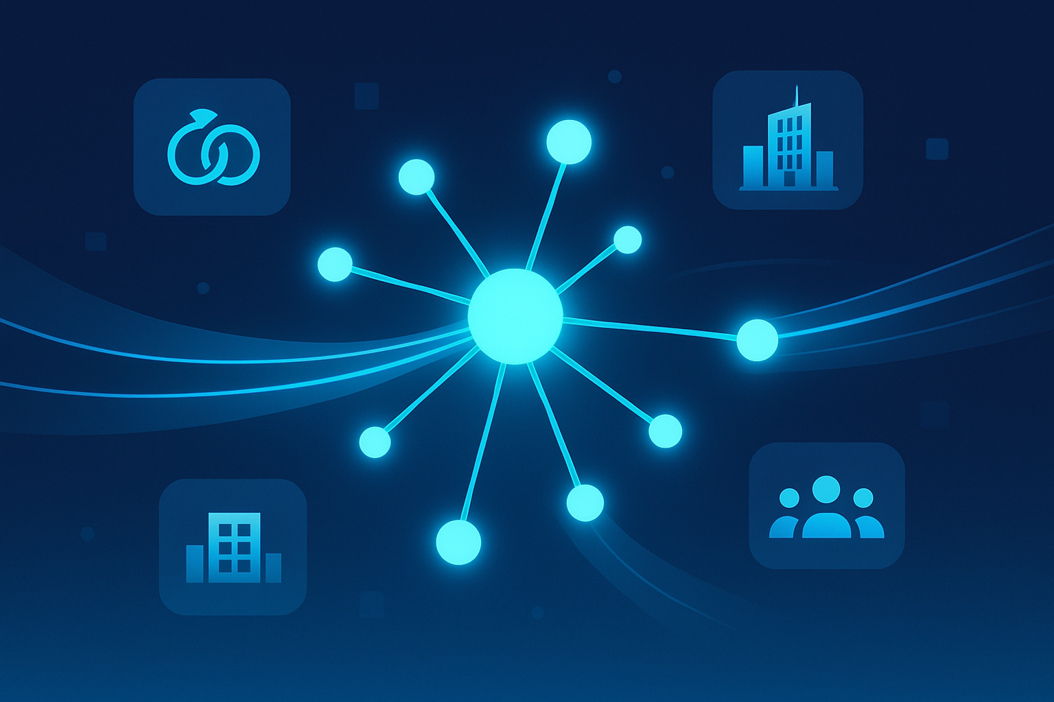 Abstract digital network with glowing nodes, data streams, and geometric inquiry symbols in a futuristic scene.