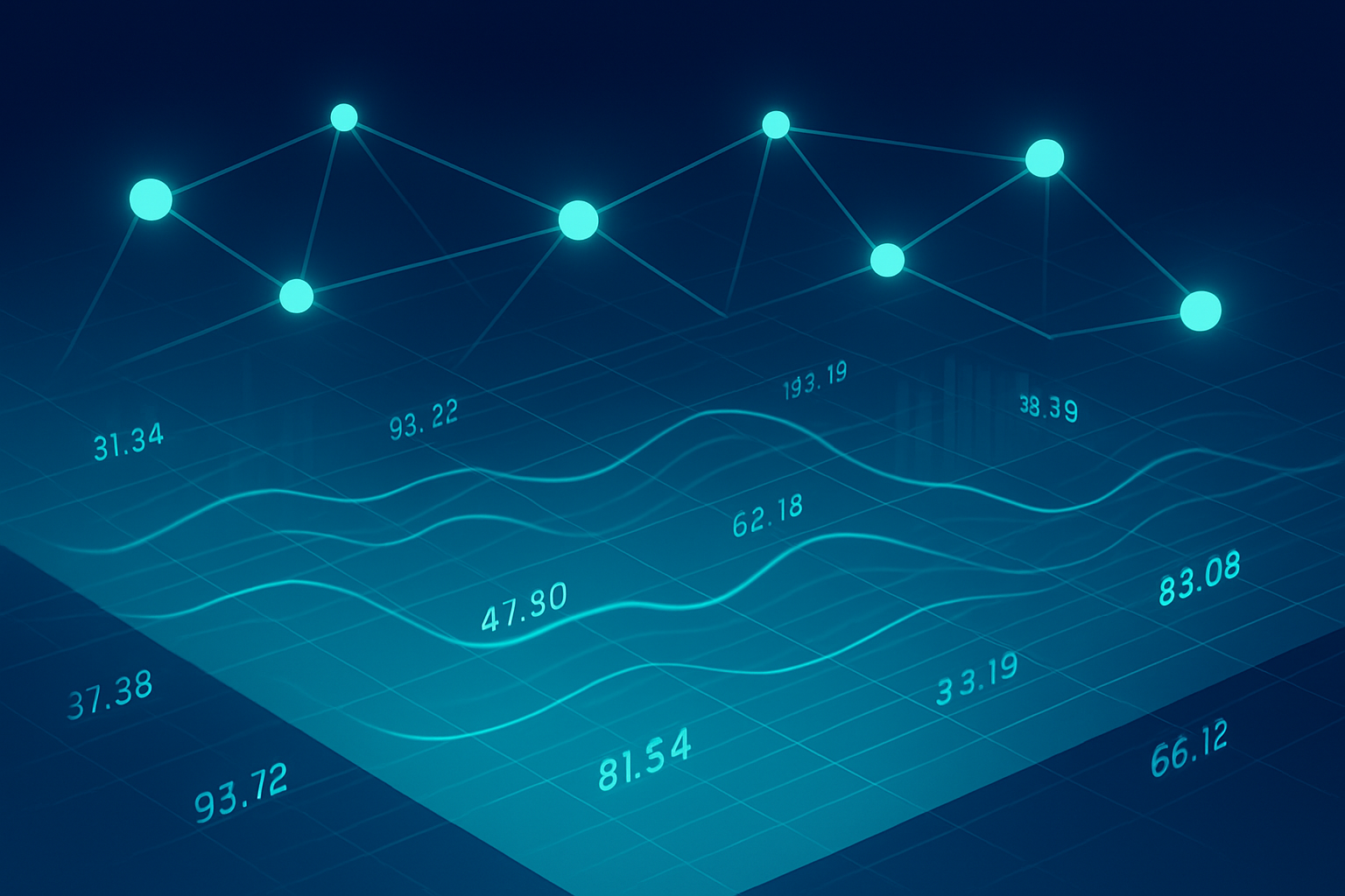 Abstract digital network with glowing nodes, flowing data streams, and dynamic waveforms in neon cyan.