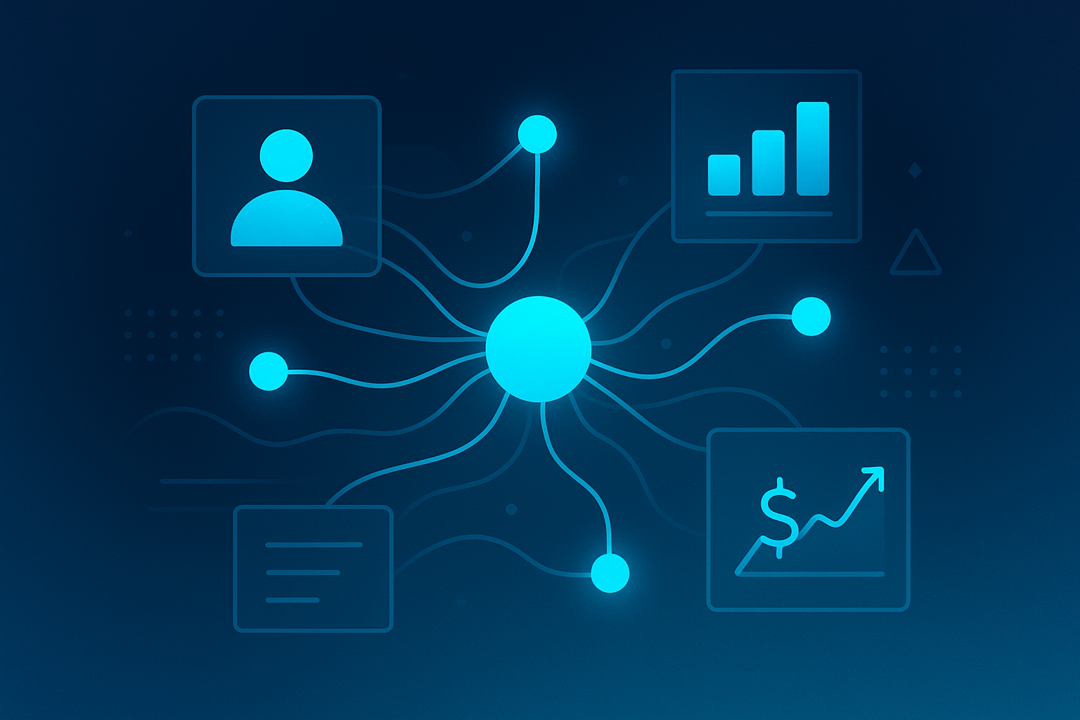 Abstract digital network with interconnected data nodes, geometric shapes, and glowing cyan accents.